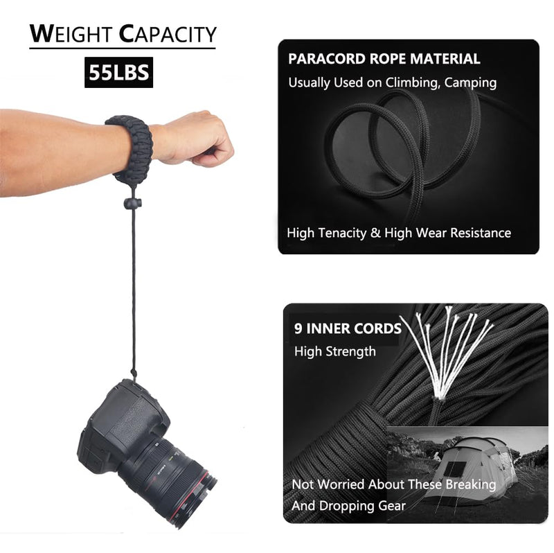 [Australia - AusPower] - Paracord Camera Wrist Strap Lanyard with Screw for Insta 360 X3, Ace Pro, DSLR Cameras, Selfie Sticks Black 