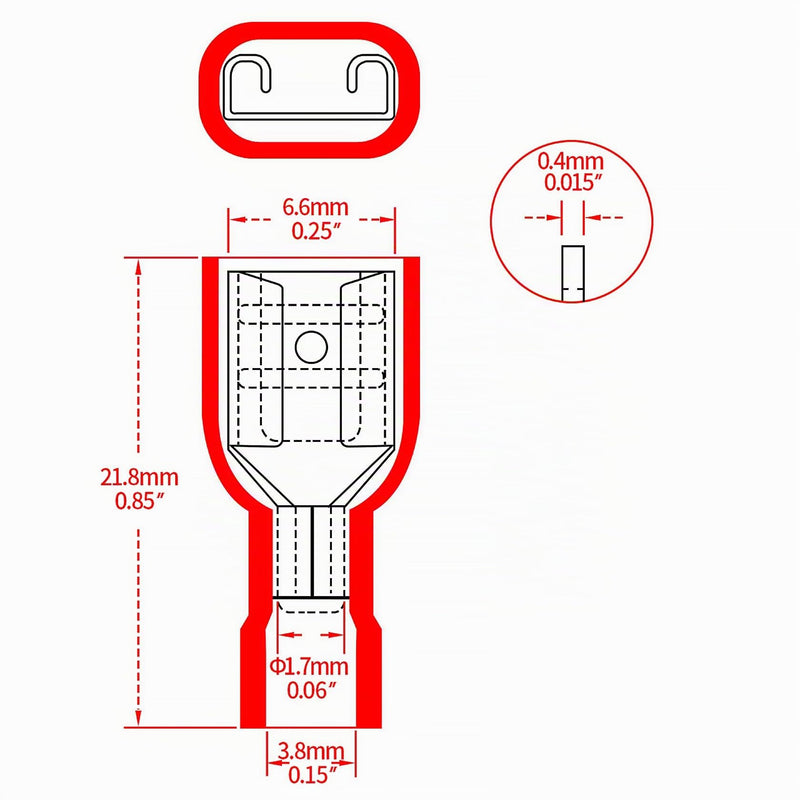 Heschen FDFD1.25-250 1/4" x 0.8mm Terminal Red Vinyl Fully Insulated Quick Coupler Socket for 0.5-1.5mm² (22-16AWG) (Pack of 100)