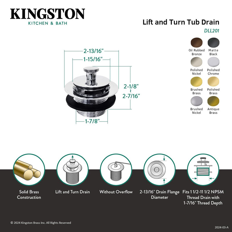 Kingston Brass DLL208 Lift and Lock Bath Tub Drain, Brushed Nickel
