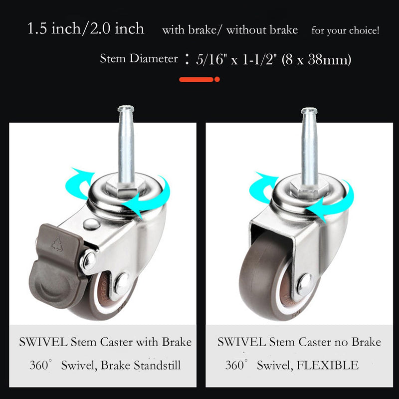 [Australia - AusPower] - Stem Caster Wheels with 5/16" x 1-1/2" (8 x 38mm) Stem Sockets TPR Replacement Castors Swivel Casters for Carts, Furniture, Dolly, Workbench (2.0 inch Without Brakes) 2.0 inch without Brakes 