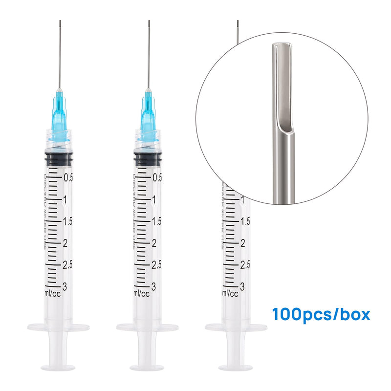 [Australia - AusPower] - JMU 100pcs Dental Irrigation Syringes 3cc with 23G Blunt Dispensing Endodontic Irrigarion Needles, Luer Lock Design 3ML 23G 