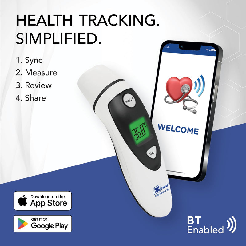 [Australia - AusPower] - Zewa Infrared Thermometer | Professional Accuracy | Forehead & Ear Non-Touch Measurement | Bluetooth 4.0 | Android & iOS Compatible | Fever Alarm | Free MyHealthConnected App 