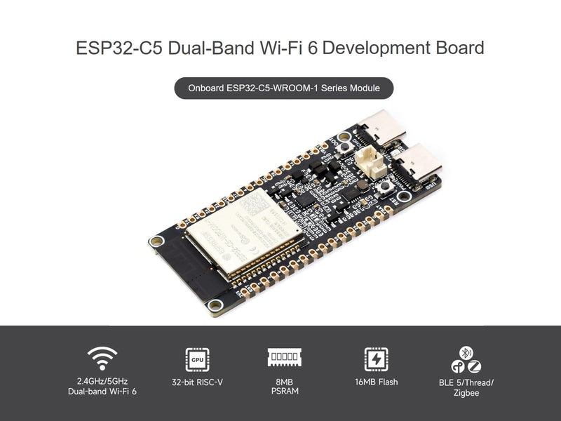 ESP32-C5 5GHz/2.4GHz Dual-Band Wi-Fi 6 Development Board, Based on ESP32-C5-WROOM-1 Module, 240MHz RISC-V Processor, Supports BLE 5/Thread/Zigbee Radio Communication, 16MB Flash, 8MB PSRAM