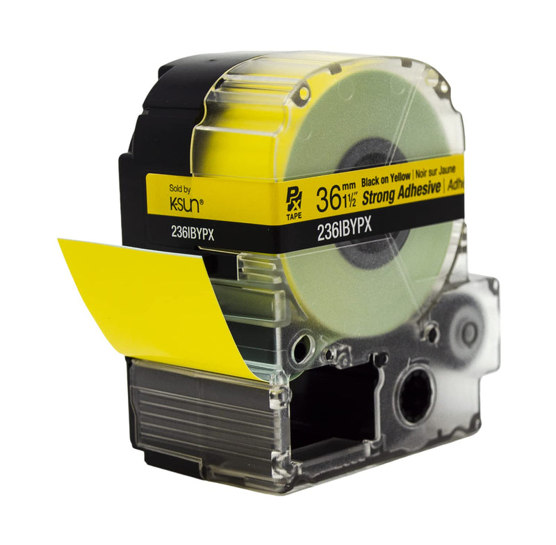 Epson LABELWORKS 236IBYPX PET (Polyester) Tape Cartridge - Black on Yellow Strong Adhesive Standard Industrial Label Maker Tape - 1.5" (36MM) Wide, 30' 36mm