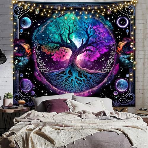 FENDROM Moon Phase Tree of Life Tapestry Moon And Sun Boho Spiritual Aesthetic Wall Hanging Backdrop Blanket for Bedroom Living Room Dorm Decor Blue 59"L x 51"W