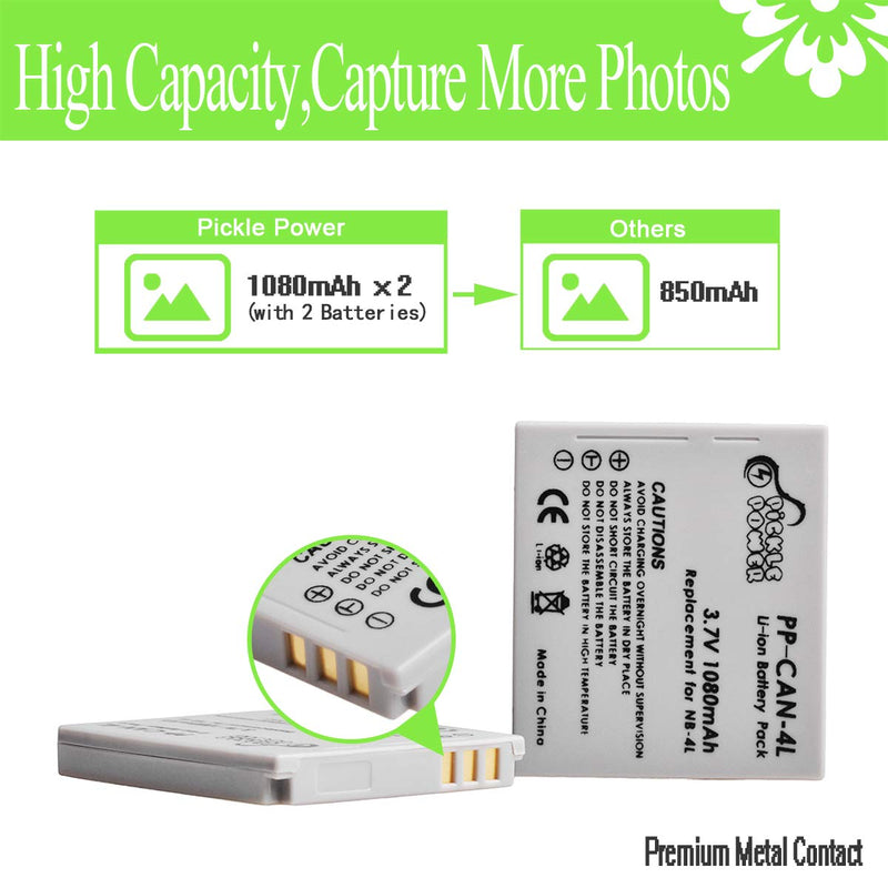 [Australia - AusPower] - Pickle Power NB-4L Battery and LED Display Charger for Canon PowerShot ELPH 100 HS 300 HS 330 HS 310 HS SD1000 SD1100 is SD1400 is SD200 SD30 SD300 SD40 SD400 SD600 SD750 2 battery +LED display charger 