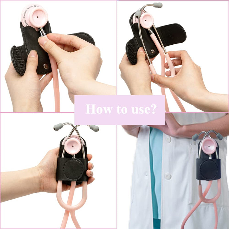 [Australia - AusPower] - Stethoscope Holder - Stethoscope Holster/Premium Leather Stethoscope Holder Hip Clip/Universal Clip-on Stethoscope Holster for Littmann & Most Stethoscope (Black) Black 