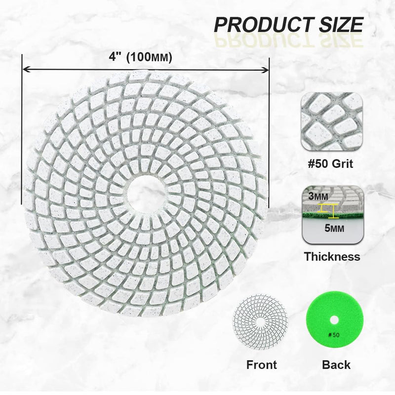 [Australia - AusPower] - SANLEETEK Wet Diamond Polishing Discs - 12 Pieces 100 mm Diamond Polishing Pad Grit 50 for Granite Marble Artificial Stone Quartz for Angle Grinder 