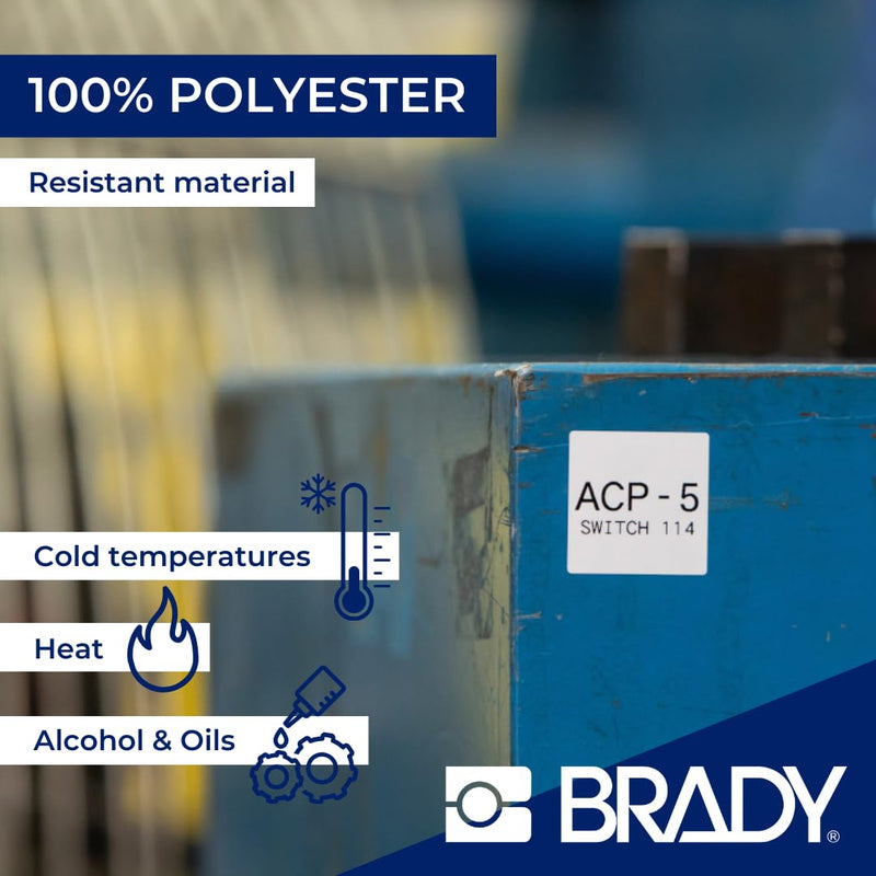 Brady Authentic (M4C-1000-422) Aggressive Adhesive Multi-Purpose Polyester Labels 1 in W x 25ft Black on White. for use with The BMP41, BMP51, and M511 Label Printers