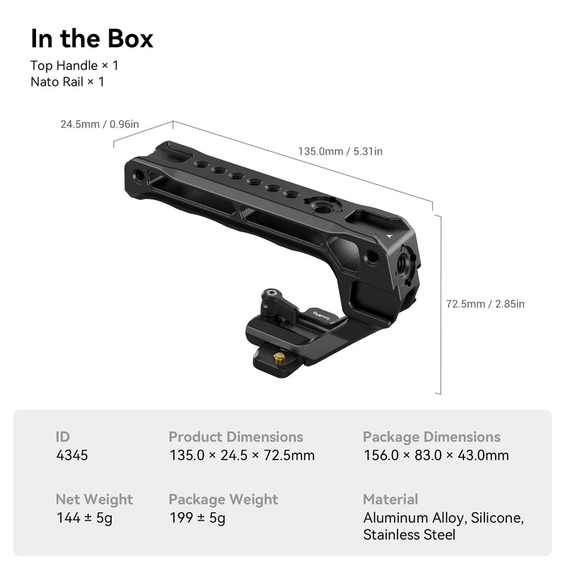 [Australia - AusPower] - SmallRig Lightweight NATO Top Handle, Quick Release NATO Grip w/NATO Rail for DSLR Camera Cage, Universal Top Handle with 5 Cold Shoe Adapters - 4345 