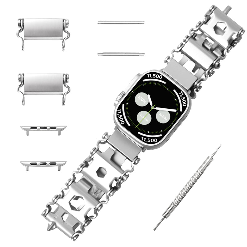 Stainless Tool Bracelet Compatible for LEATHERMAN TREAD, 29 in 1 Survival Hiking Camping Travel Friendly Multitools Wearable Bracelet Band Compatible with Apple Watch 44mm 45mm 46mm 49mm for Men Silver fit Apple Watch 44/45/46/49mm Model