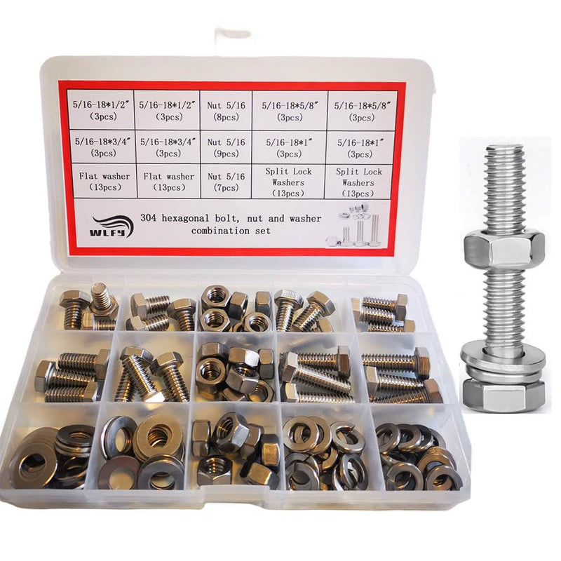 [Australia - AusPower] - 72pcs Hex Bolts Assortment Kit,Nuts and Bolts Assortment Kit，Sets 5/16-18 X(1/2,5/8,3/4,1),Bolts and Nuts kit, Includes Common SAE Sizes, 304 Stainless Steel,Hex Bolt Nut 5/16-18x(1/2,5/8,3/4,1)72pcs 