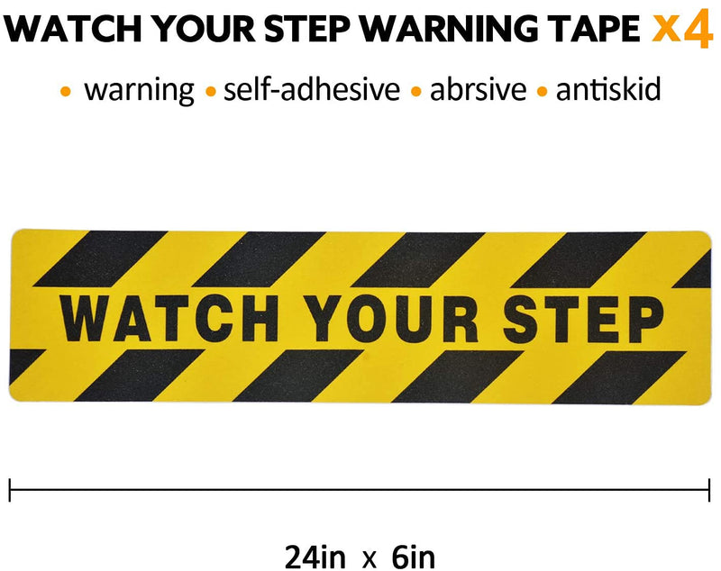 6" x 24" Watch Your Step Floor Tape Anti Slip Warning Sign Sticker Adhesive Non- Slip Abrasive Decal for Workplace Home Safety Wet Floor Caution - 4 Pack 6" x 24" / 4 pieces