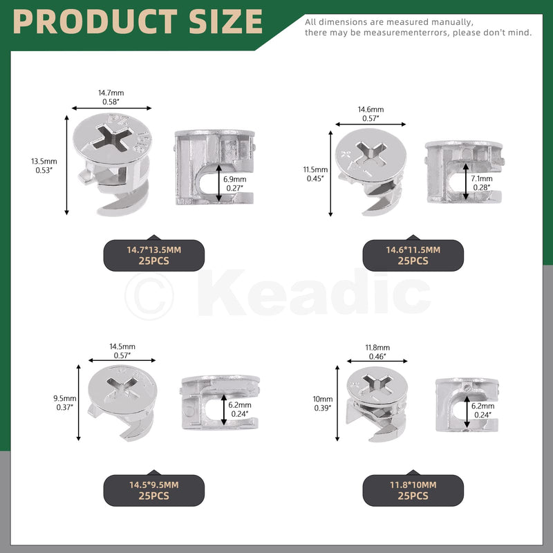 [Australia - AusPower] - Keadic 100 Pcs 4 Sizes Cam Locks for Furniture, 3-in-1 Eccentric Wheels, Furniture Cam Lock Nuts Furniture Connecting Cam Lock Fittings Assortment Kit for Wardrobe Drawer Closets Bed 