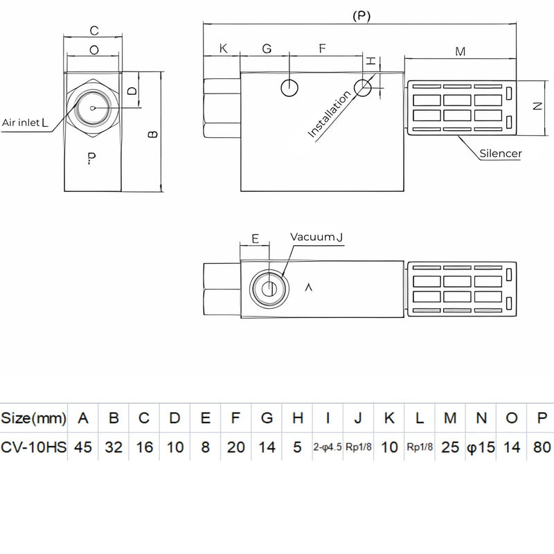Vacuum Generator CV-10HS with Silencer Aluminum Alloy 1.0 mm Nozzle Pneumatic Ejector for Industrial Vacuum Generation