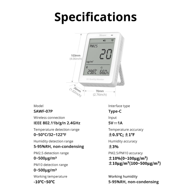 SONOFF Smart Indoor Air Quality Monitor with PM2.5, PM10, Temperature & Humidity Sensor, Real-Time Display & Alarm, Matter-Compatible, 2.4GHz WiFi, 3.73-inch Screen, for Bedroom, Nusery Room