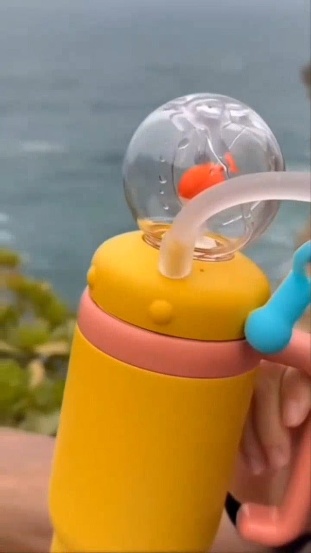 24oz Whale Fountain Tumbler Water Bottle | Leakproof Sippy Cups for Adults and Kids | Stainless Steel Insulated Cup with Weighted Straw & 2 Lids Yellow