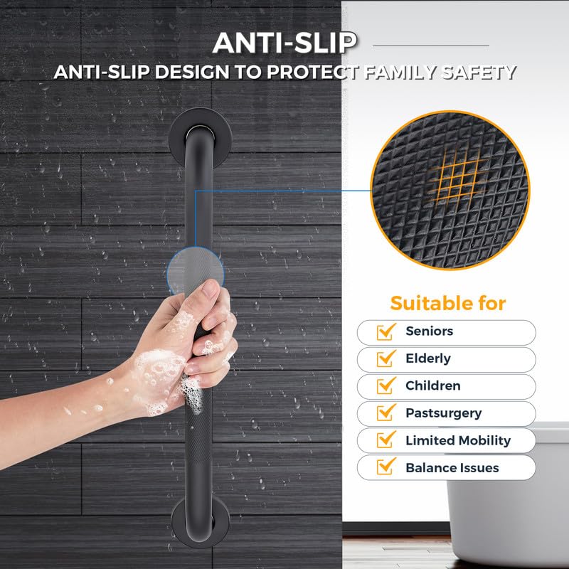 Grab Bars for Shower, 2 Pack 20-Inch Anti Slip Shower Handles for Elderly, Safety Shower Grab Bar, Stainless Steel Handicap Grab Bars for Bathroom (Black 1" Diameter) Black 20 Inch