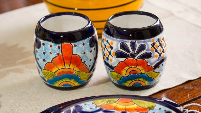 NOVICA Artisan Handmade Ceramic Juice Talavera from Mexico Multicolor Tableware Drinkware Tumbler Water Cocktail Hacienda 'Raining Flowers'(Pair)