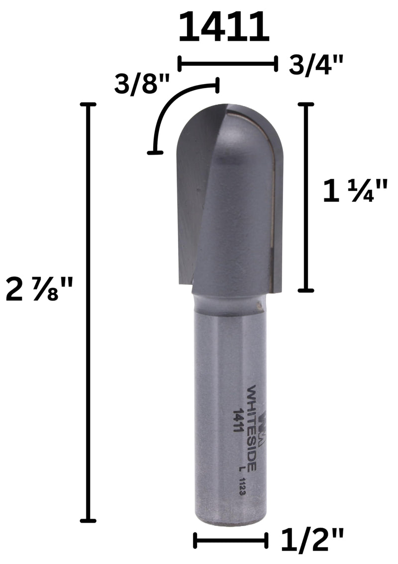 Whiteside Router Bits 1411 Round Nose Bit with 3/8-Inch Radius, 3/4-Inch Cutting Diameter and 1-1/4-Inch Cutting Length