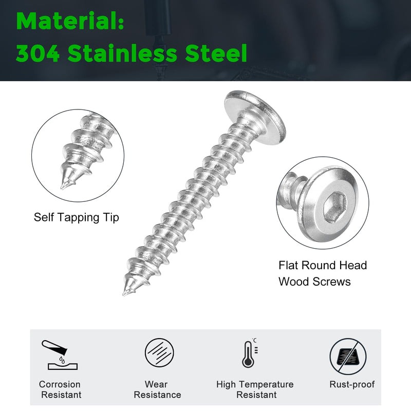 uxcell M6 x 40mm (100 Pack) Flat Round Socket Head Screws, Stainless Steel Self Tapping Screws Full Thread Hex Socket Cap Screws Bolt for Wood Furniture 100