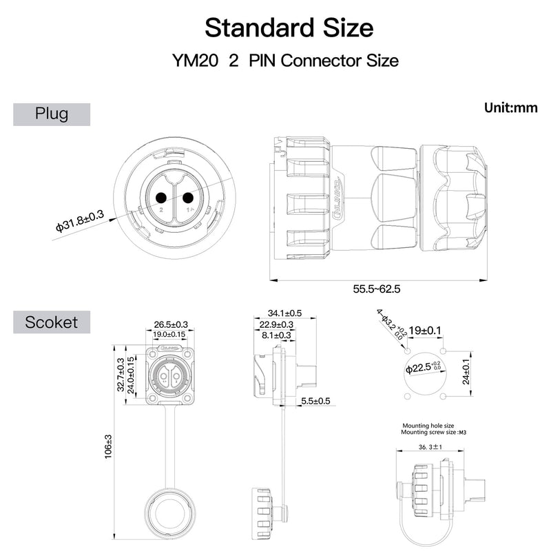 [Australia - AusPower] - CNLINKO YM-20 2 PIN Screw Lock Waterproof Connector IP68 Aviation Circular Quick Plug PBT Plastic Shell M20 Male Female Flange Socket (2-PIN) 2-Pin Screw-Assembly 