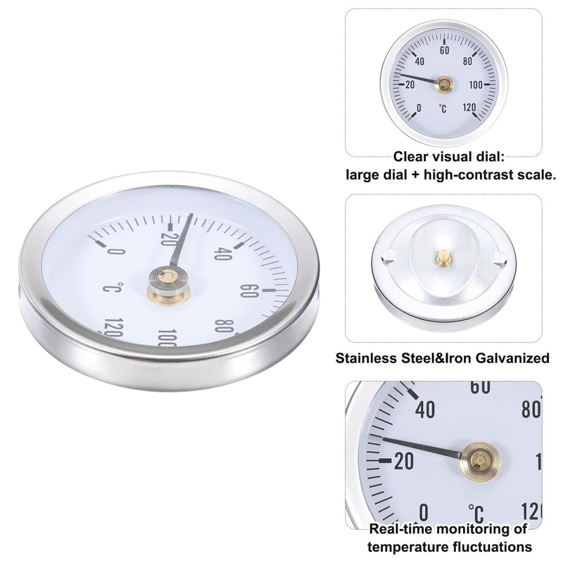 [Australia - AusPower] - MECCANIXITY Bimetal Thermometer with Springs & 2.5in Dial, 0-120°C Temperature Range, Pipe Thermometer with Shatterproof Glass Lens - Industrial Grade 