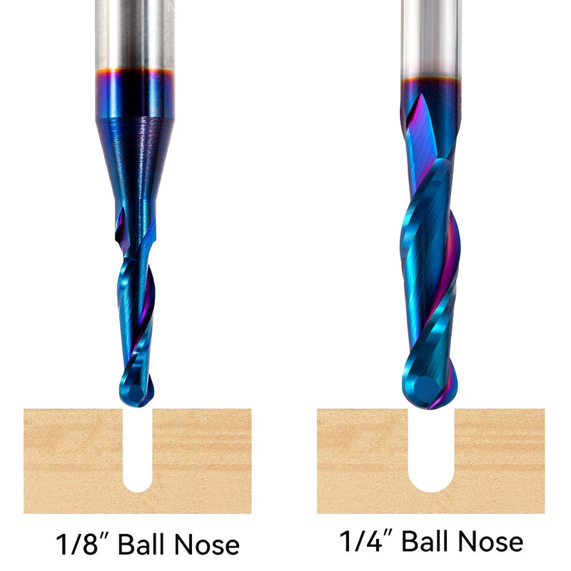 2 PCS Ball Nose Set CNC Router bits Carbide Ball Nose End Mill with Nano Blue Coating for Side Milling. End Milling. Finish Machining. (2 PSC Ball Nose Set) 2 PCS Ball Nose Set
