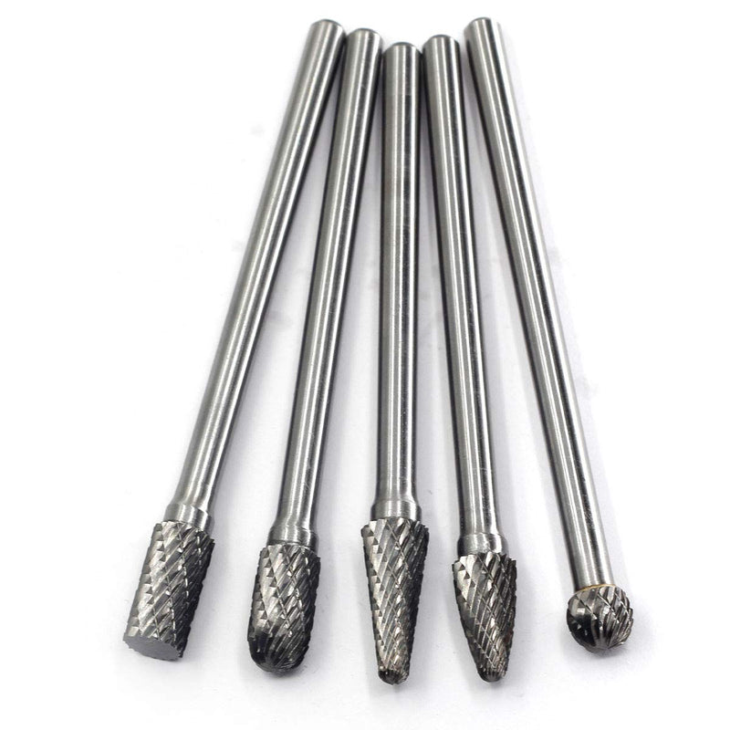 Carbide Burrs Set - 5pcs diameter Extended Long Double Cut Solid Carbide Rotary Burr File Set 1/4 Inch Shank for Die Grinder Drill, Metal Carving,Polishing,Engraving,Drilling