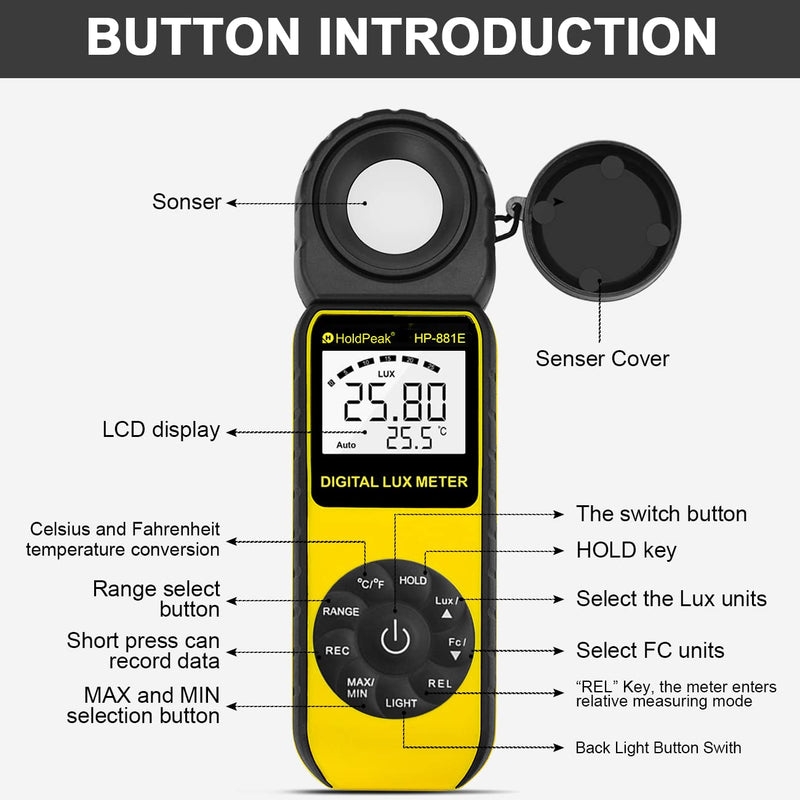 [Australia - AusPower] - Digital Light Meter (2PCS) - HOLDPEAK 881E Digital Illuminanc/Light Meter with 0.01~300,000 Lux (0.01~30,000 FC) Measuring Ranges and 270° Rotatable Detector for LED Lights and Plants Lumen Meter 2PCS(HP-881E Digital Lux Meter) 