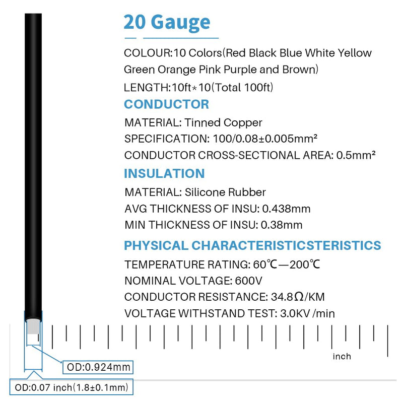 [Australia - AusPower] - BNTECHGO 20 Gauge Silicone Wire Kit 10 Color Each 10 ft Flexible 20 AWG Stranded Tinned Copper Wire 10 colors each 10ft 20 silicone wire 