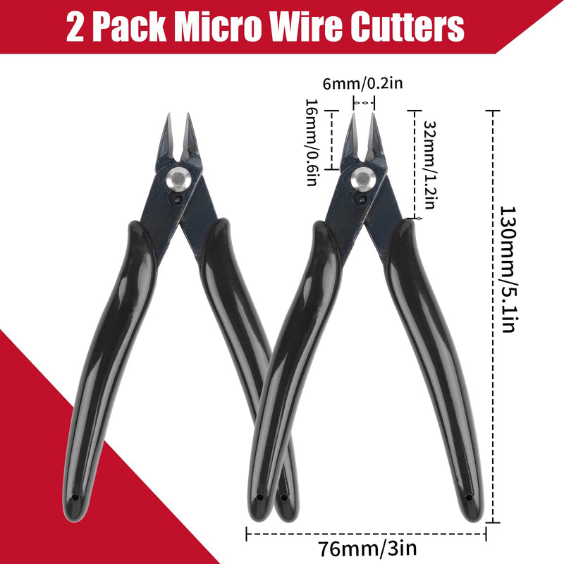[Australia - AusPower] - 2 Pack Micro Wire Cutters, 5 Inches Flush Cutters Pliers, Diagonal Side Cutters Nippers, Zip Tie Sprue Cutter for Electronics, Plastic Models, Jewelry (Black) Black 2 
