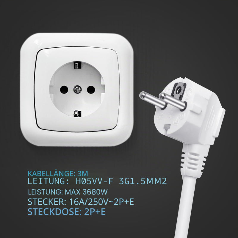 Aigostar Extension Cable 3M Cable Extensions with Protective Contact Plug Schuko Extension 16A/250V, White 3g1.5mm² - 1 Pcs