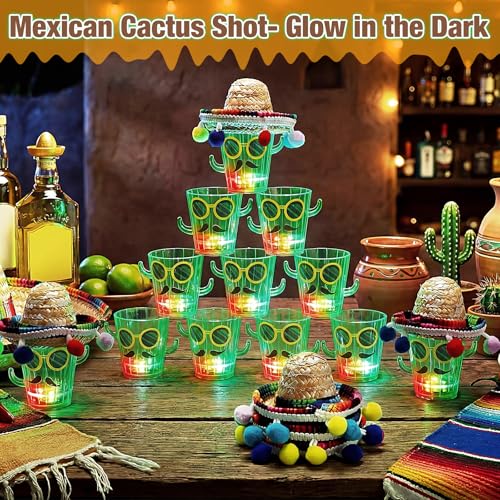 LemonRoad 20 Sets Light up Cactus Shot Glass with Sombrero Party Favor