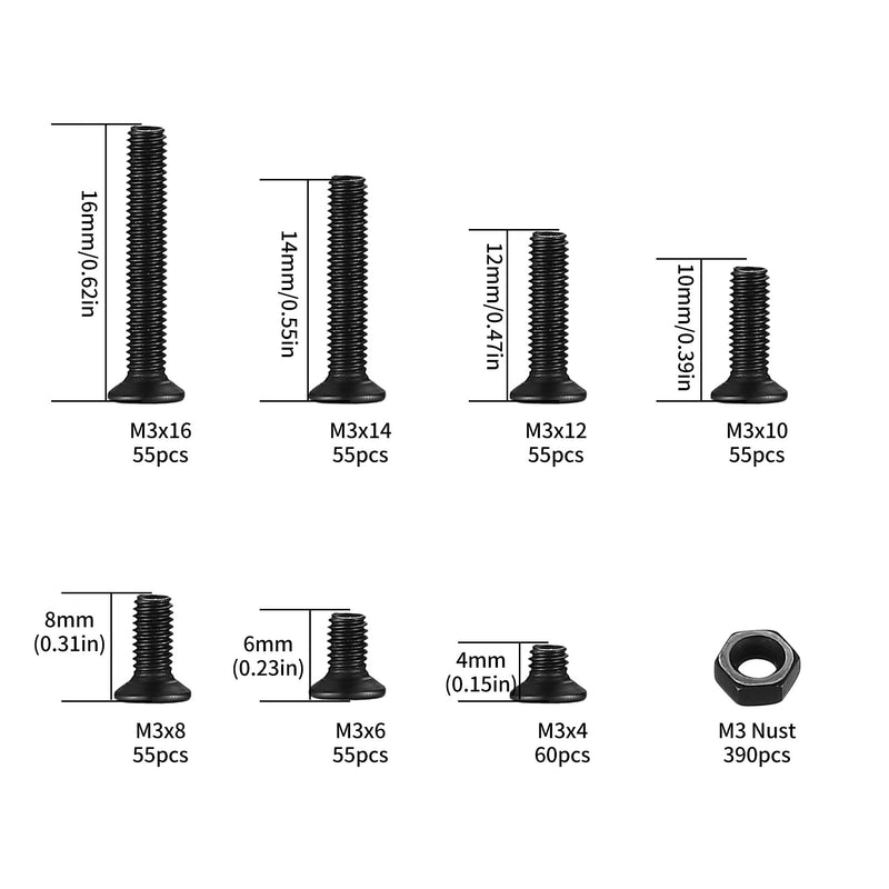 [Australia - AusPower] - Countersunk Head Phillips Screws and Hex Nuts Assortment Kit, 780 Pcs Flat Head Machine Screws Bolts and Nuts Set, M3 x 4mm/6mm/8mm/10mm/12mm/16mm/20mm, Black (A) M3-780 