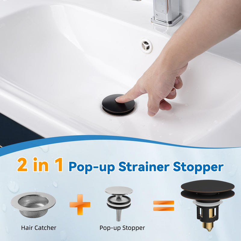iFealClear 2 Pack Universal Bathroom Sink Stopper, Pop Up Sink Drain Strainer with Hair Catcher, Fit 1.1"-2.36" US Basin, Wash Basin Drain Plug with Big Cover Cap, Brass Bounce Core, Oil Rubbed Bronze Oil Rubbed Bronze Finished