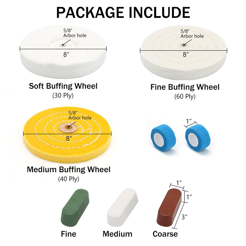 [Australia - AusPower] - SCOTTCHEN 8inch Buffing Polishing Wheels 5/8" Arbor Hole,Soft/Fine/Medium for Bench Grinder-3PCS,with Buffing Polishing Cutting Compounds 7.4 Oz.Kit,with 2 Pack Non-Woven Bandage Wrap 8 inch Multi 8pcs 