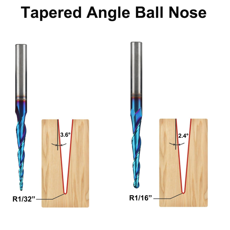 2PCS Spiral CNC Router Bits 1/4" Shank 3" Over Length Tapered Angle Ball Nose with NACO-Blue Coating for 2D&3D Wood Carving Engraving 2 PCS