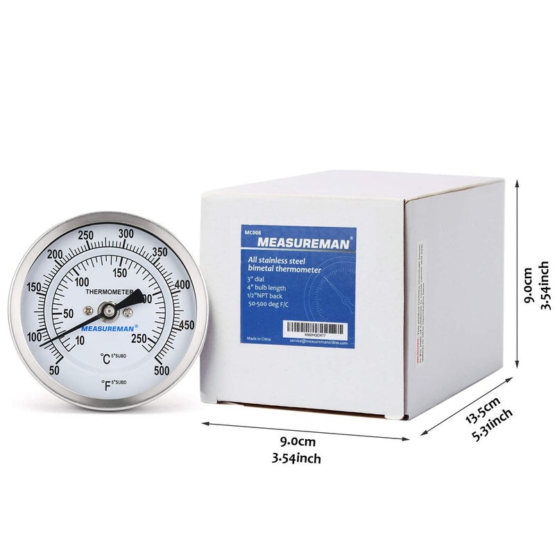 [Australia - AusPower] - Measureman Fully Stainless Steel Bimetal Dial Thermometer, 3" Dial, 4" Stem, 50-500 deg F/10-260 deg C, -1% Accuracy, Adjustable, 1/2" NPT Back Mount 
