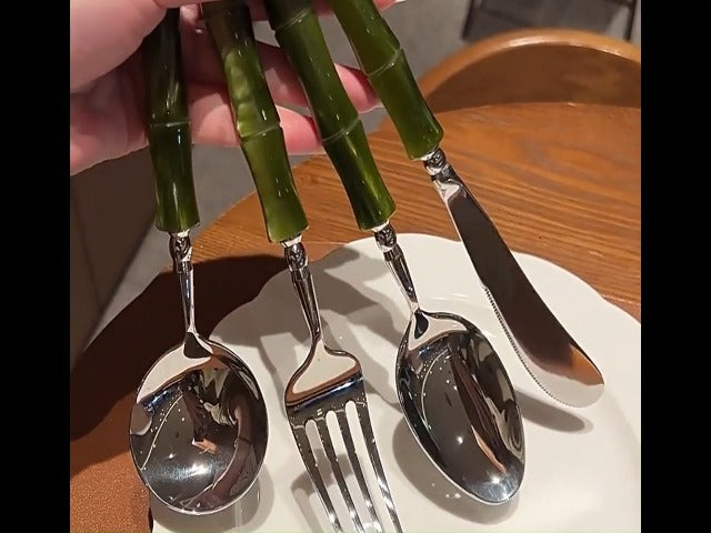 4-Piece Bamboo Design Silverware Set for 1 - Elegant 18/10 Stainless Steel with Acrylic Handle Flatware Cutlery - Premium Green Kitchen Utensil Tableware- Dishwasher Safe
