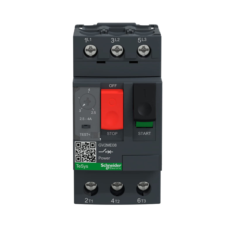 Schneider GV2ME08 Thermal-Magnetic Motor Circuit Breakers, White | 2.5-4A, button confirmation, screw connection