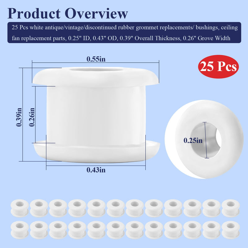 [Australia - AusPower] - 25 Pcs Antique/Vintage/Discontinued Rubber Grommets Fit for Hunter Ceiling Fans, Ceiling Fan Blade Replacement Rubber Grommets, Ceiling Fan Washers/Bushings fits Hunter Fan Blade Grommets Spare Kit 25 Pcs White 