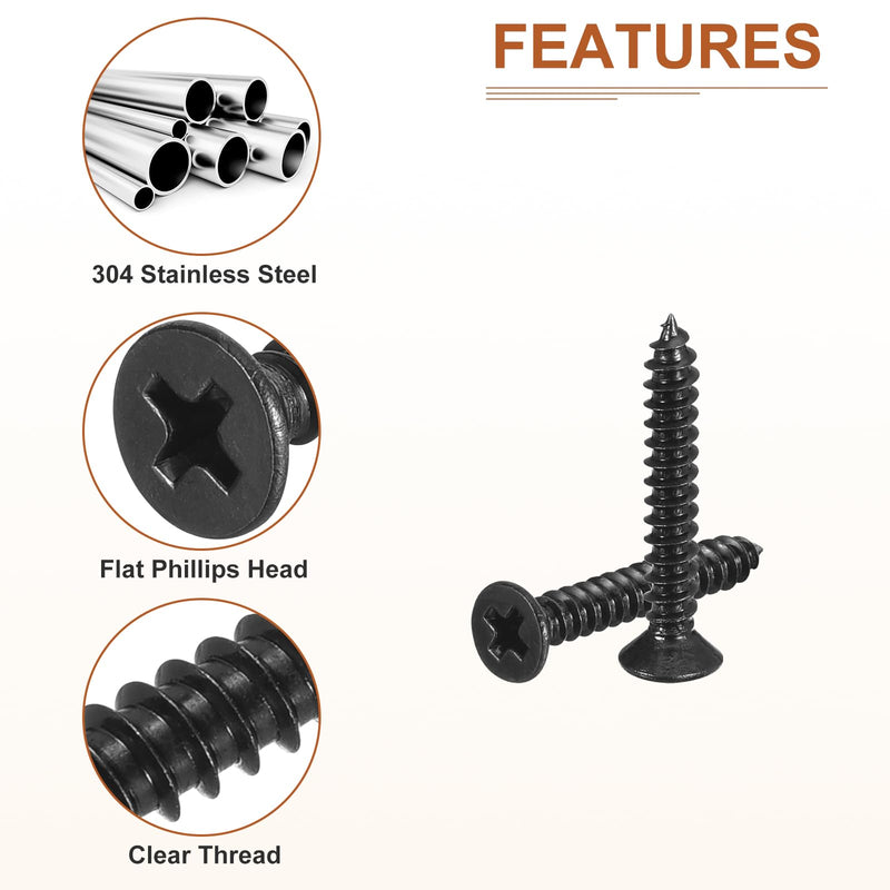 DTGN 1000Pcs #4x3/4 Flat Head Wood Screws, 304 Stainless Steel Phillips Self Tapping Screws - Good for Woodworking, Furniture - Black #4x3/4" 1000