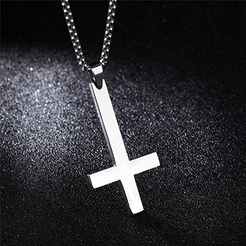 PAURO Men's Inverted Cross Upside Down Necklace Pendant Black Gold Silver Silver-Large