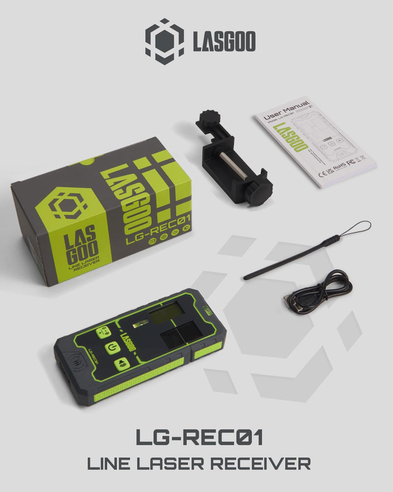 [Australia - AusPower] - LasGoo LG-REC01 Laser Receiver for Laser Level, Dual LCD Display & Bubble Level, Green & Red Laser Beam Detector for Pulsing Line Lasers, Up to 164ft, Built-in Rechargeable Battery, Clamp Included 