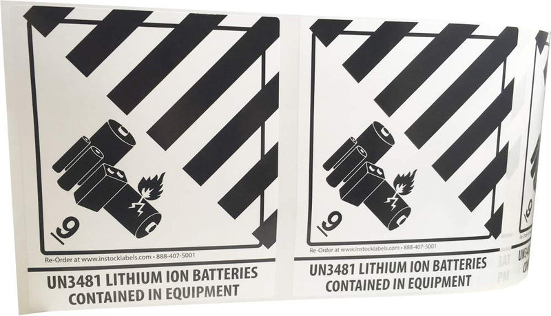 Hazard Class 9 D.O.T. UN3481 Lithium Ion Batteries Contained in Equipment Labels, 4 x 4 3/4 Inch Square Black and White Hazmat Stickers, 500 Adhesive Labels – Made in the USA