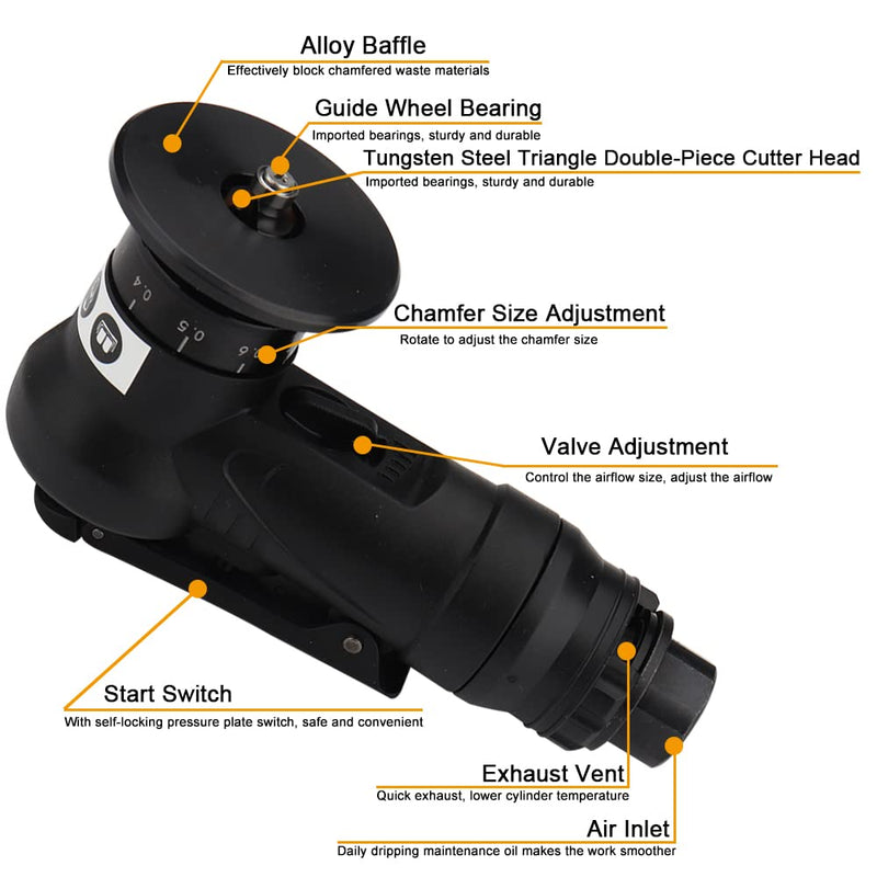 [Australia - AusPower] - Mini Pneumatic Chamfering Machine, Portable Handheld Air Chamfer Tool for Chamfering Metal 45 degree Arc Corner Beveling Trimming Deburring Machine Air Chamfering Tool Kit (Black) 