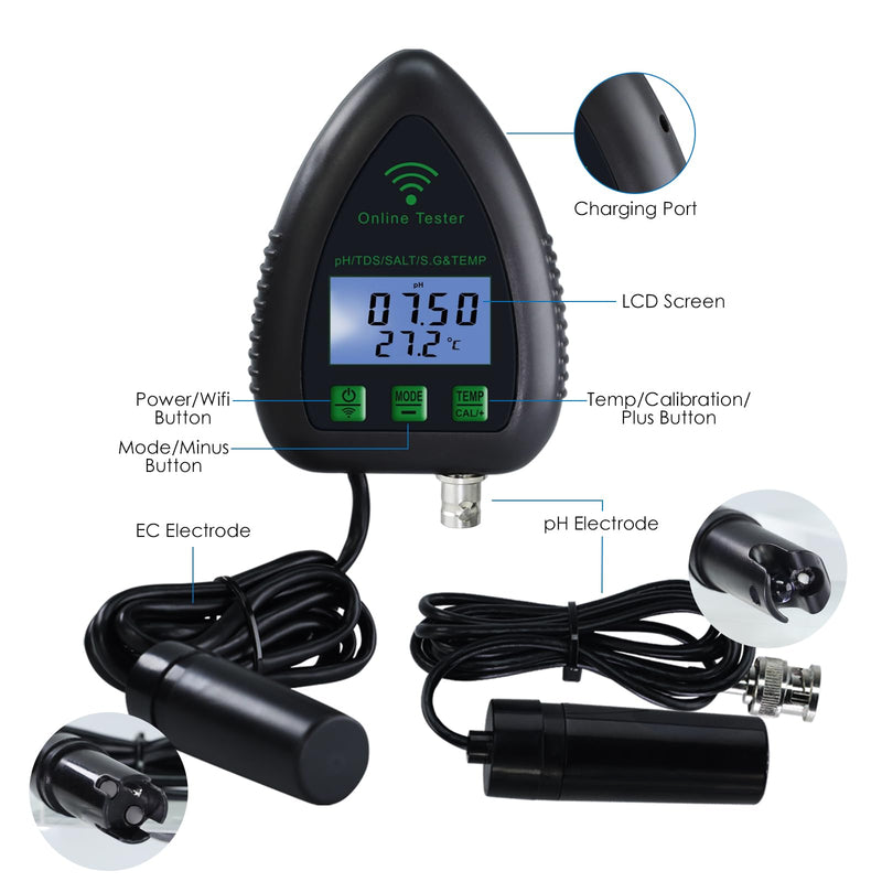 [Australia - AusPower] - 5-in-1 WiFi pH Monitor, Water Quality Tester, pH/S.G/TDS/Salt/Temperature 24/7 Online Hydroponic Monitoring WiFi Tester with Data Logging and Alarm for Aquarium Fish Pond Saltwater Pool 