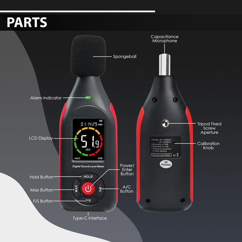[Australia - AusPower] - Decibel Meter, Data Logger, Portable Sound Decibel Meter, Sound Level Meter with 31,000 Data Recording and Export, Rechargeable Noise Meter with A/C Frequency, DC Output, 3 