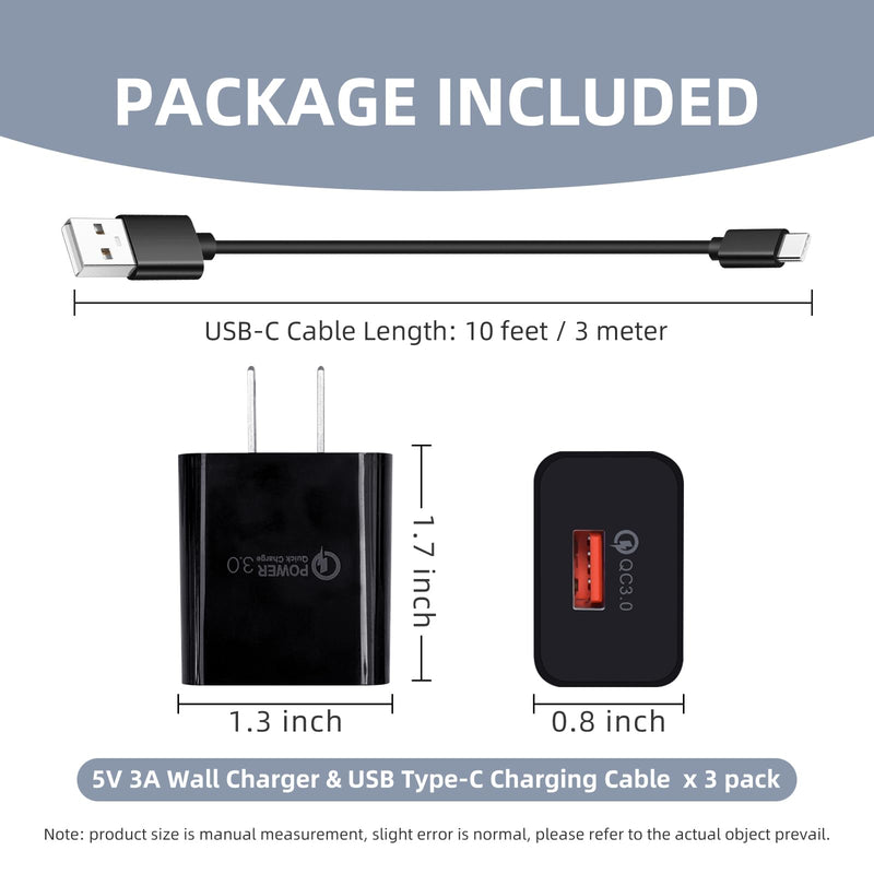 10ft 3 Pack USB Charger Cable for Motorola G Power 2025 2026 2023 2022 G Stylus 2024,G Pure,Edge/Razr,Moto One 5G UW Ace,Edge 5G UW,G30 G10 G51 Z3 Z4 Android Phone Charging Cord 10 Feet